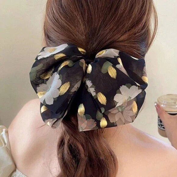 Boho Floral Print Layered Large Bow Hair Clip - Picture 2 of 5